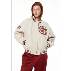 Bomber/Varsity jacket,Women USA SzXS, Cream,Patches Embroidered S & 26,button